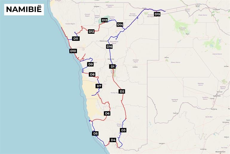 16-daagse reisroute door Namibië op de kaart