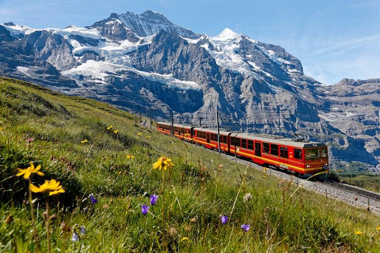 De prachtige trein in de hoogtes van Zwitserland