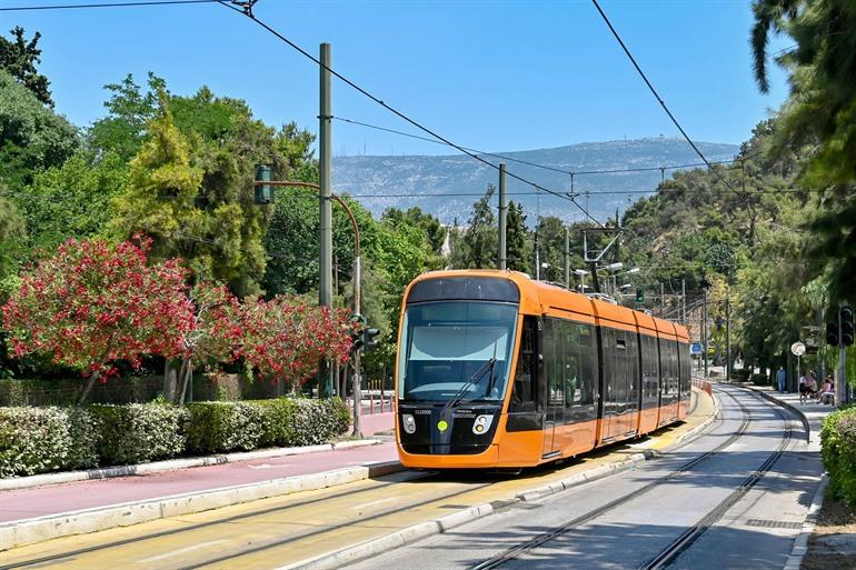 De tram in Athene, Griekenland 