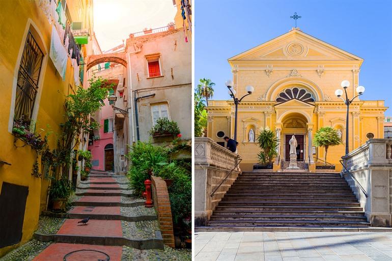 Gezellige straten van Remo en de Chiesa Frati Cappucini, Ligurië