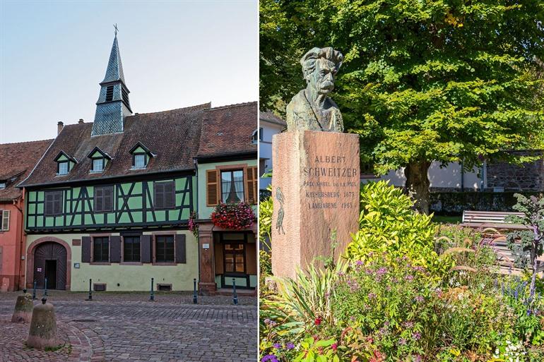 Het geboortehuis en standbeeld van Albert Schweitzer, Kaysersberg in Elzas
