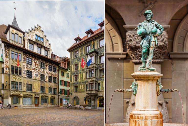 Hirschenplatz en de Gänsemännchenbrunnen in Luzern
