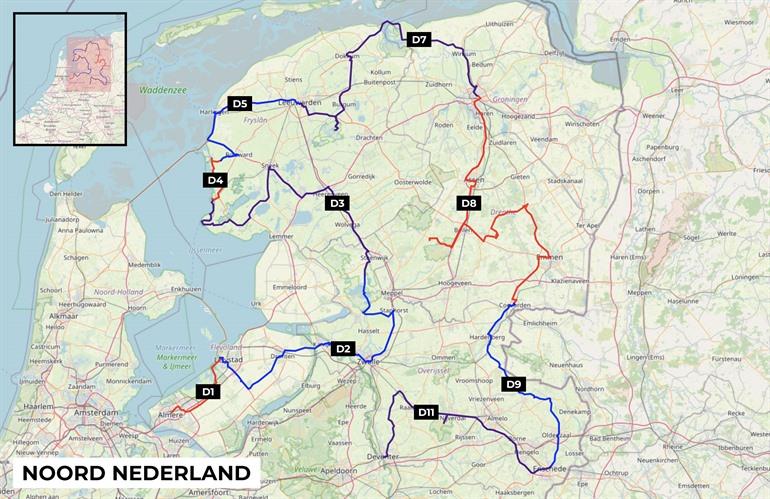 Kaart met 11-daagse rondreis Noord-Nederland