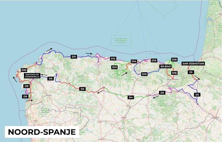 Kaart met rondreis Noord-Spanje 