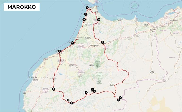 Kaart met route rondreis Marokko