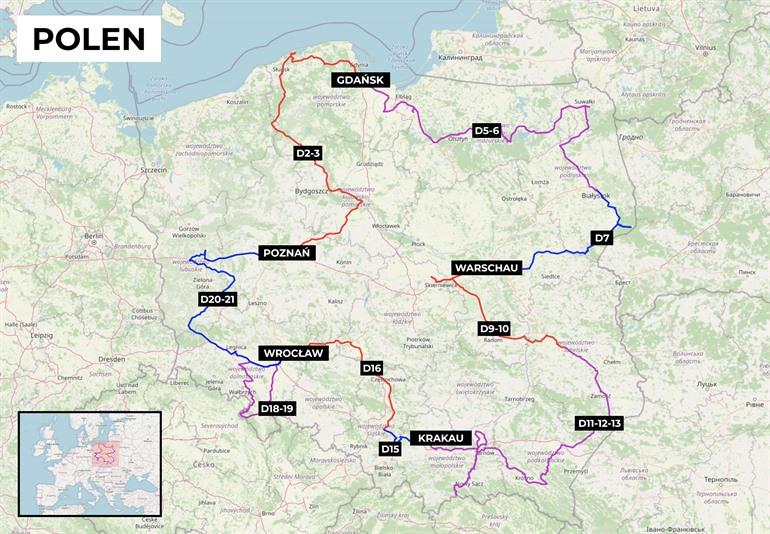 Kaart met route rondreis Polen