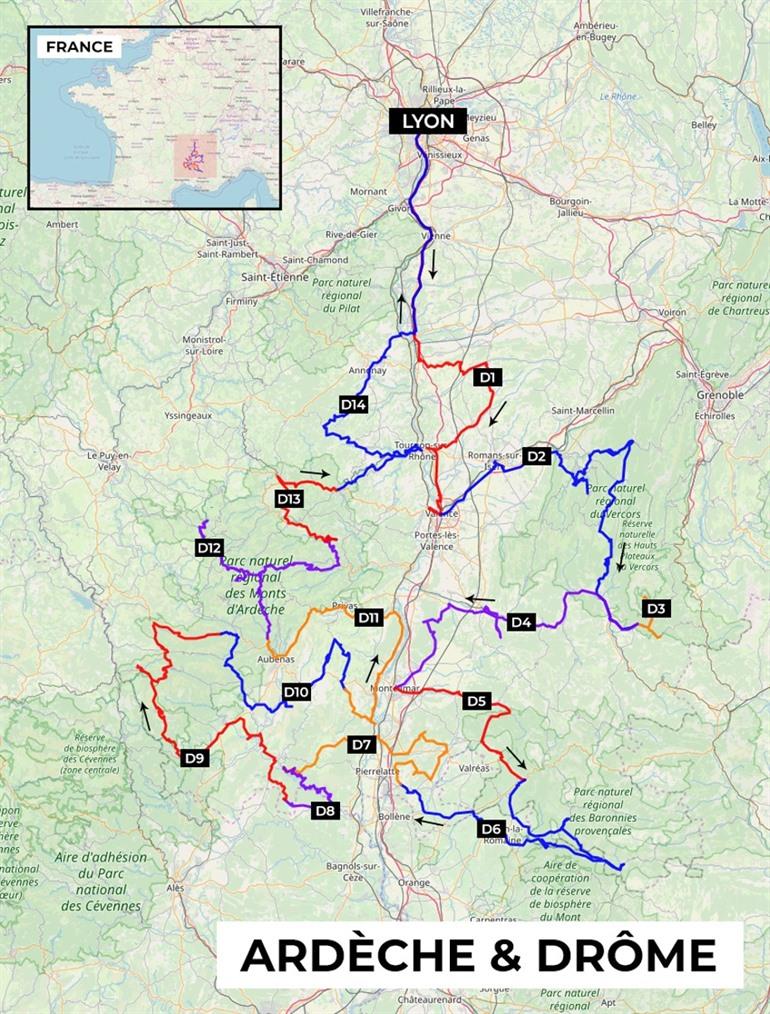 Kaart rondreis Ardèche & Drôme, Frankrijk