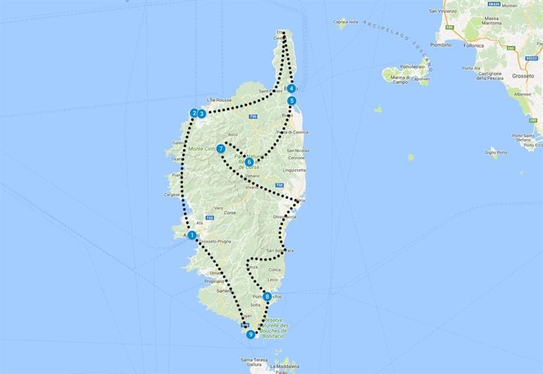 Kaart route rondreis Corsica Fly en Drive