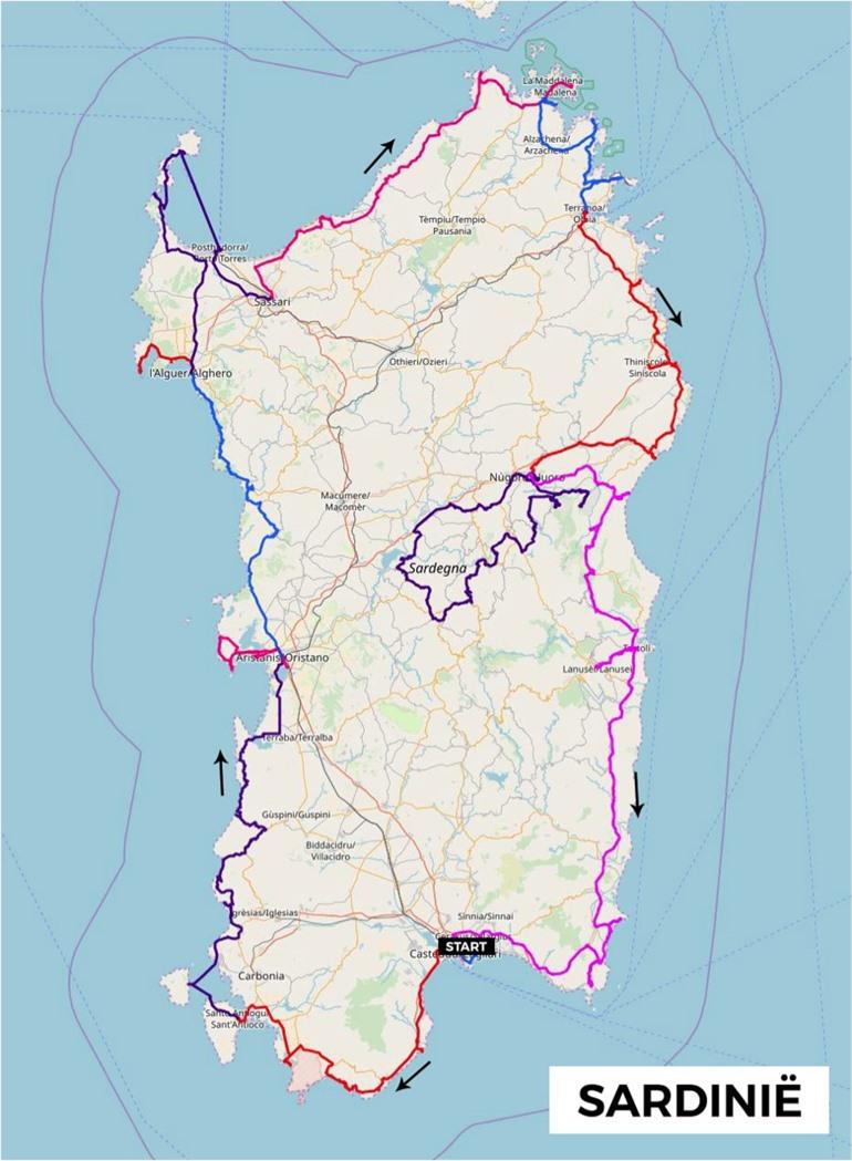 Kaart route rondreis Sardinië