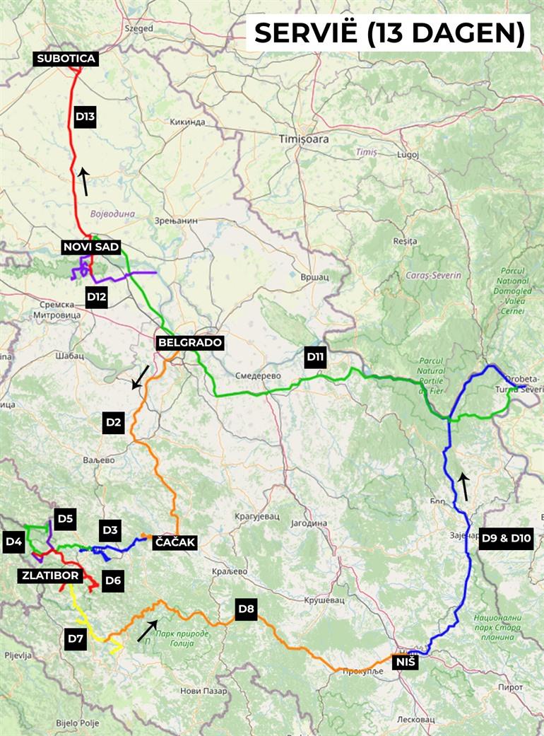 Kaartje met de route Roadtrip Servië