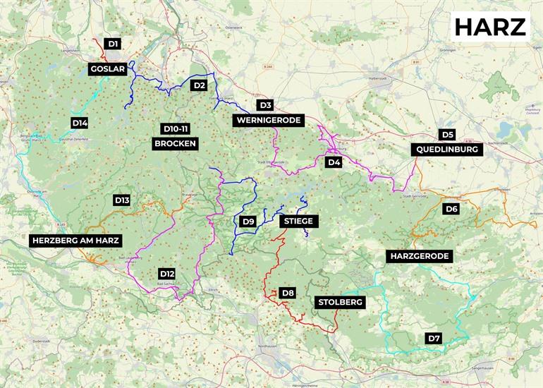 Kaartje met de route rondreis door de Harz