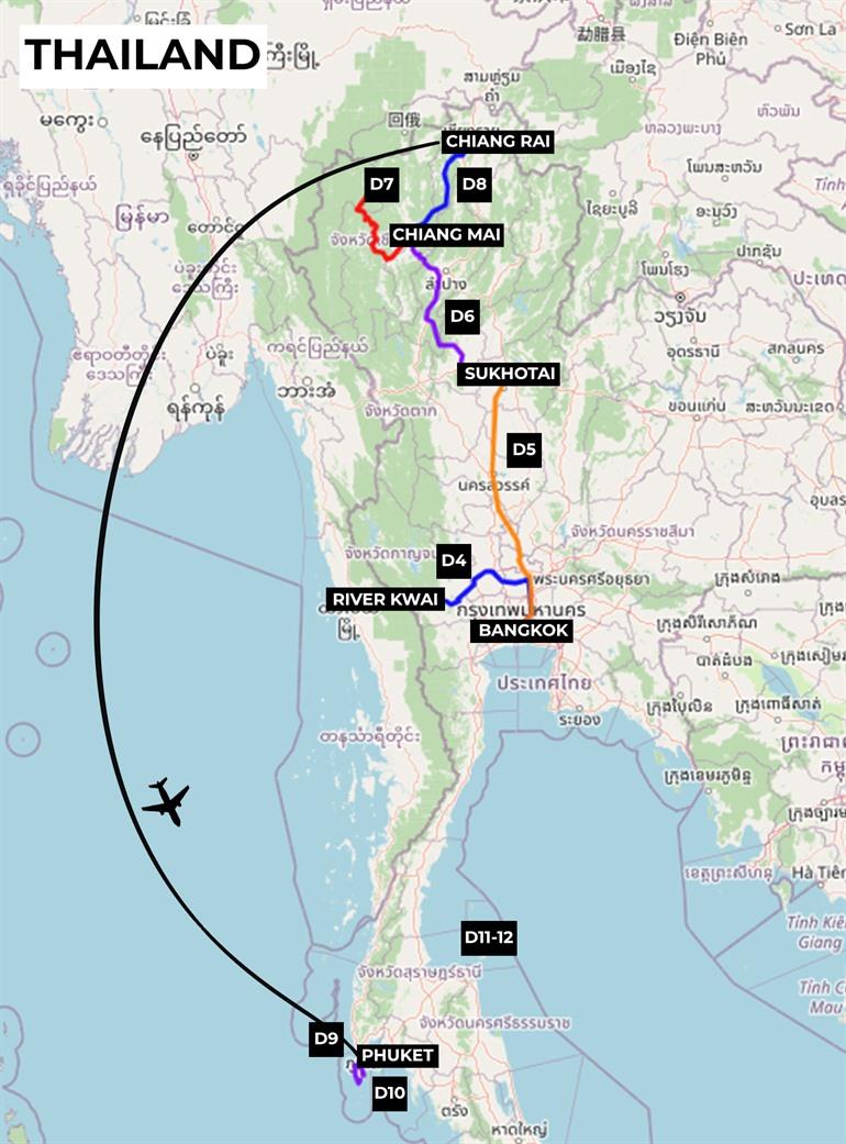 Kaartje met de route van onze rondreis door Thailand