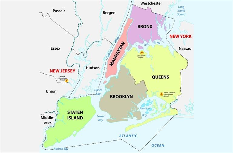 Kaartje met de verschillende wijken in New York