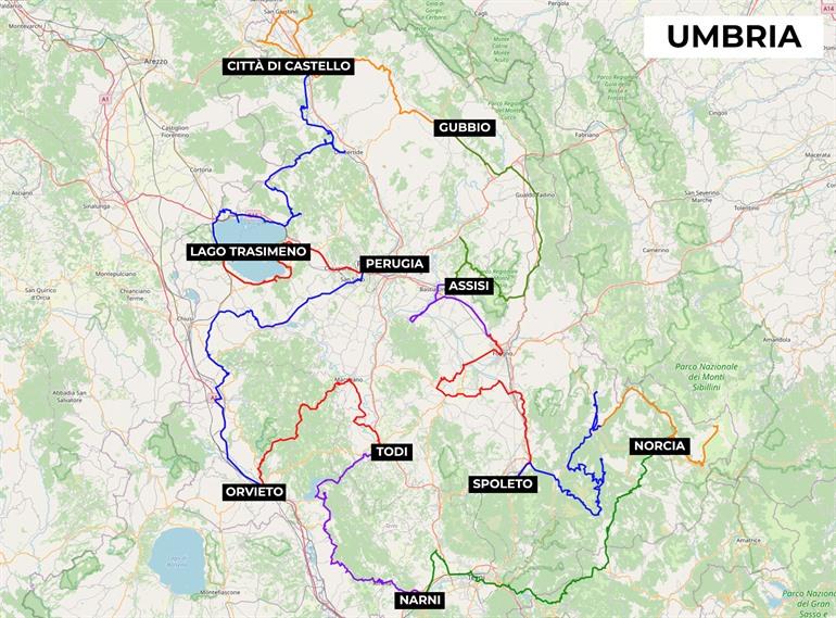 Kaartje met roadtrip door Umbrië