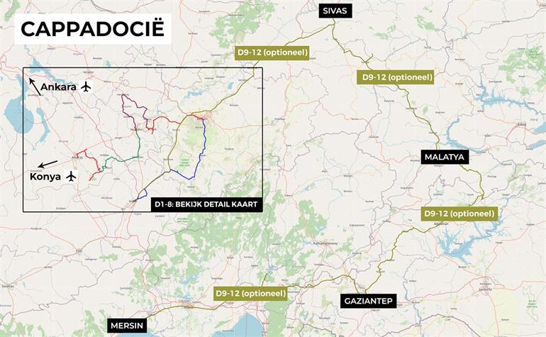 Kaartje met roadtrip door zuidoost Turkije (Anatolië)