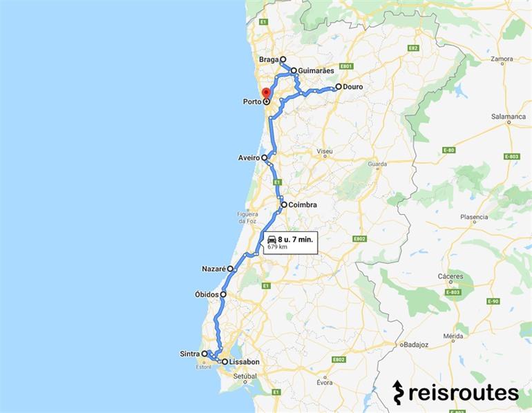 Kaartje met route Lissabon naar Porto