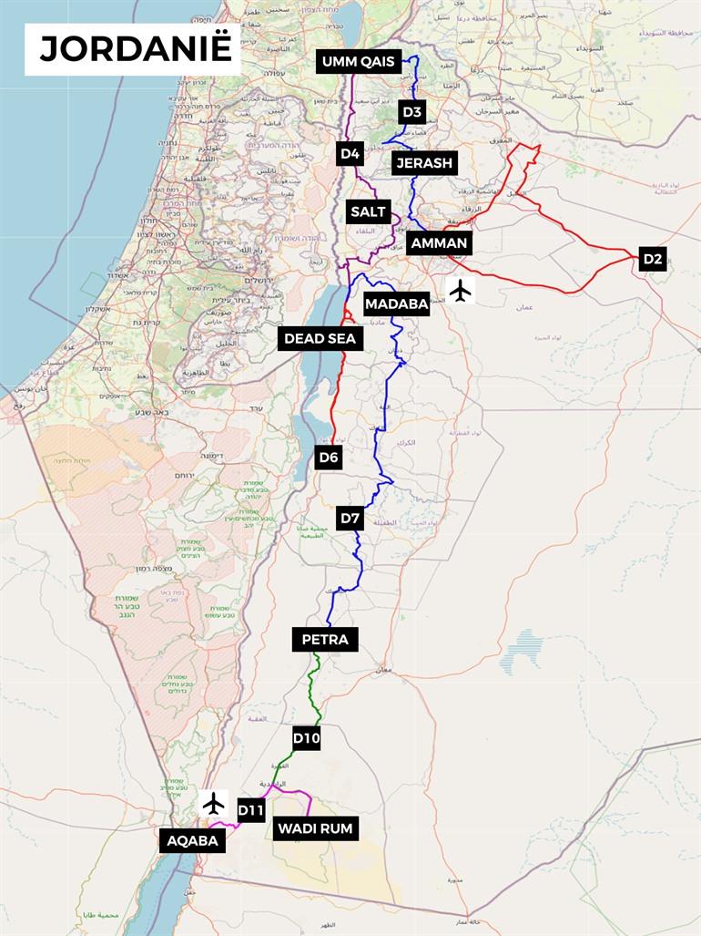 Kaartje met route van de roadtrip door Jordanië