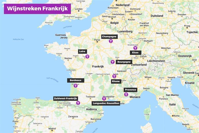 Kaartje met wijnstreken Frankrijk