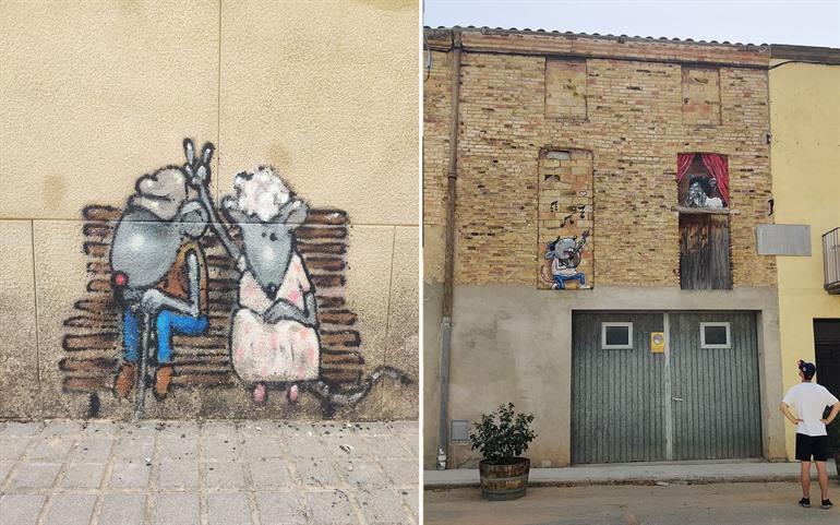 Kleine muis-muurschilderingen in Penelles, Catalonië