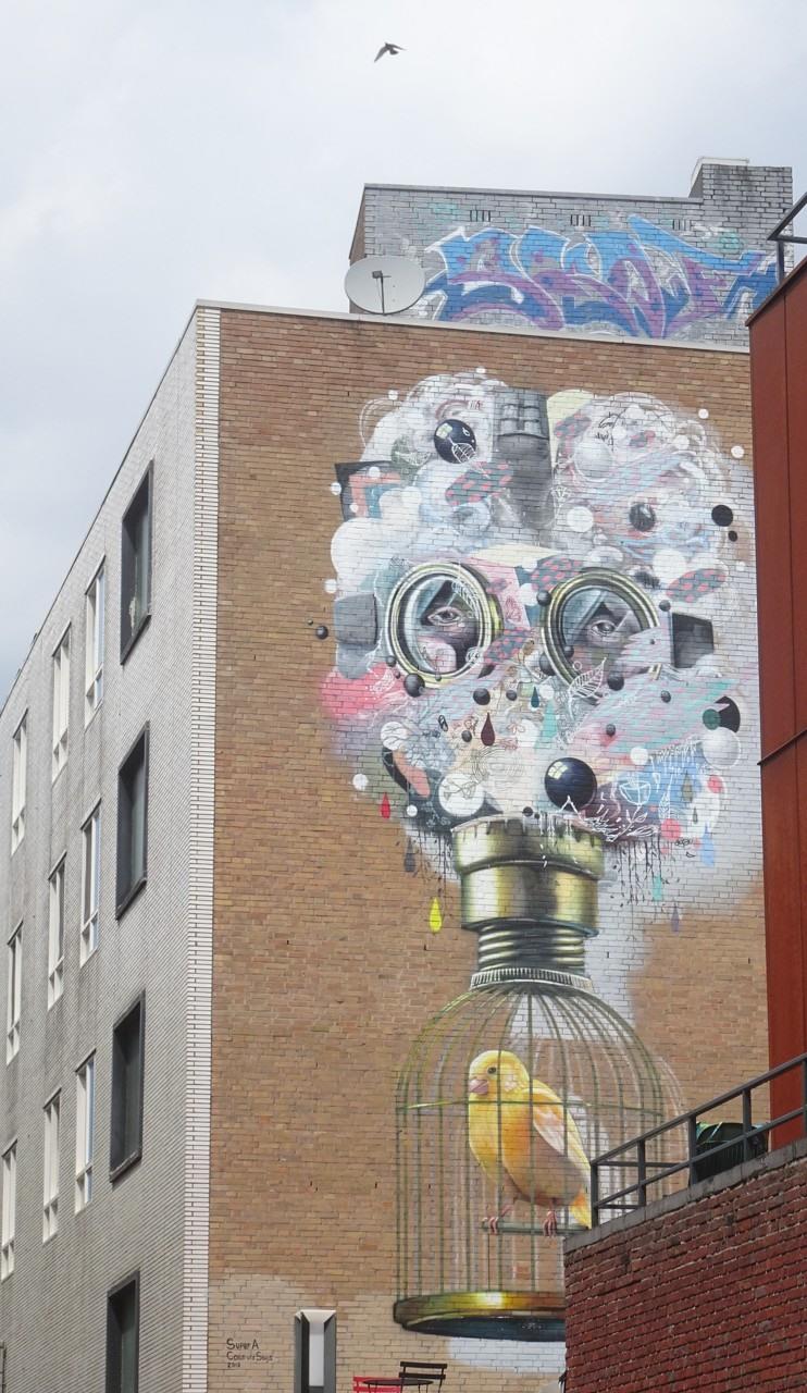 Muurschildering van een vogel in een kooitje, Heerlen