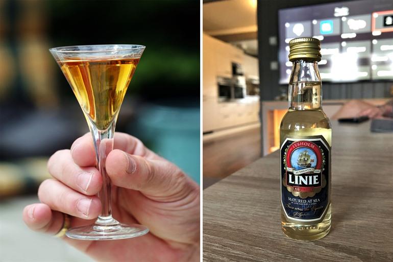 Shotje Aquavit proeven in Noorwegen