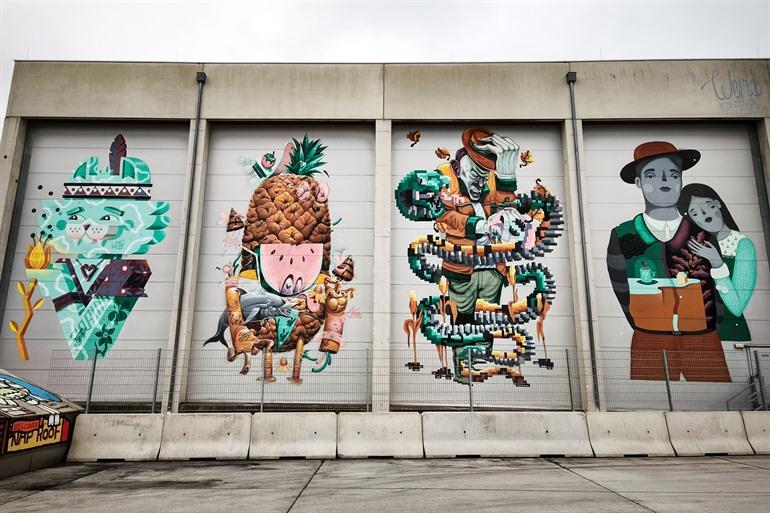 Spot de muurschilderingen in de Mural Harbor, Linz