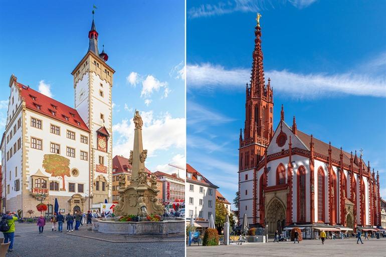 Stadhuis van Würzburg (links) en de Marienkapelle, Beieren, Duitsland