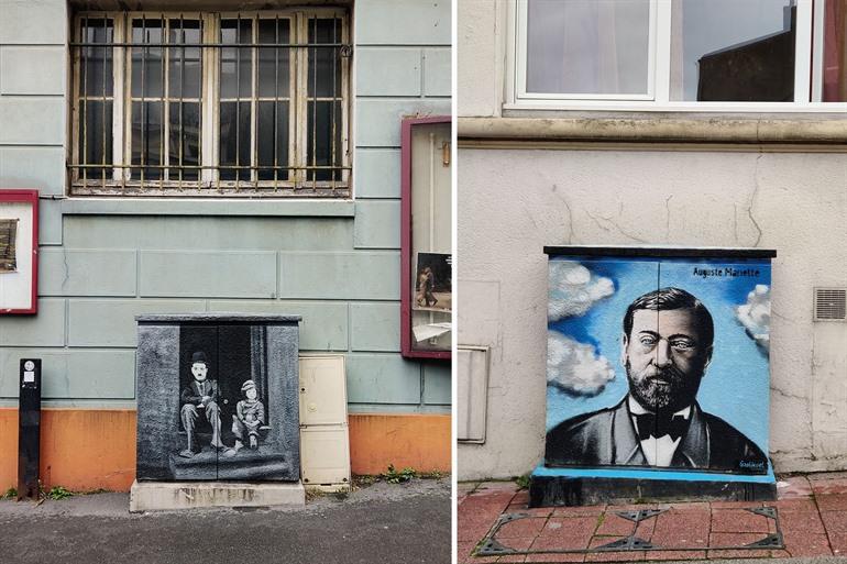 Street art op elektriciteitskasten in Boulogne-sur-Mer