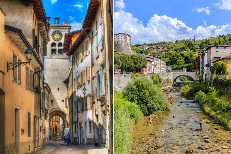 Uitzicht op de klokkentoren en rivier van Rovereto