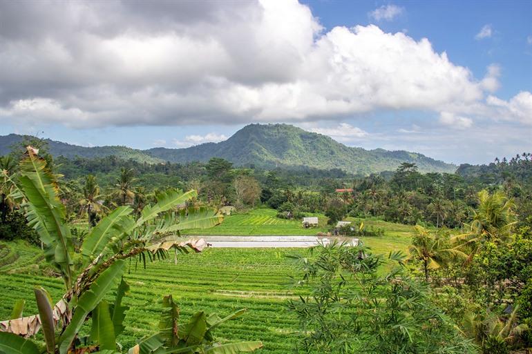 Uitzicht op Sidemen Valley met rijstvelden en Mount Agung op de achtergrond