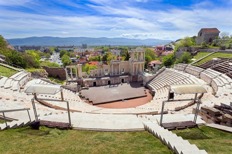 Uitzicht vanaf het Romeinse theater van Plovdiv