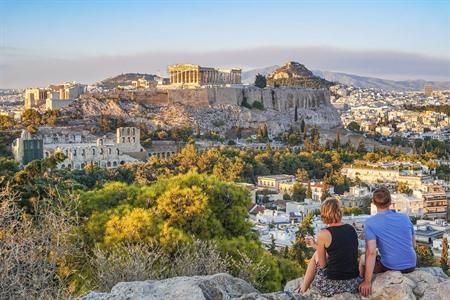 Zicht op het Akropolis vanop de Filopappou heuvel, Athene